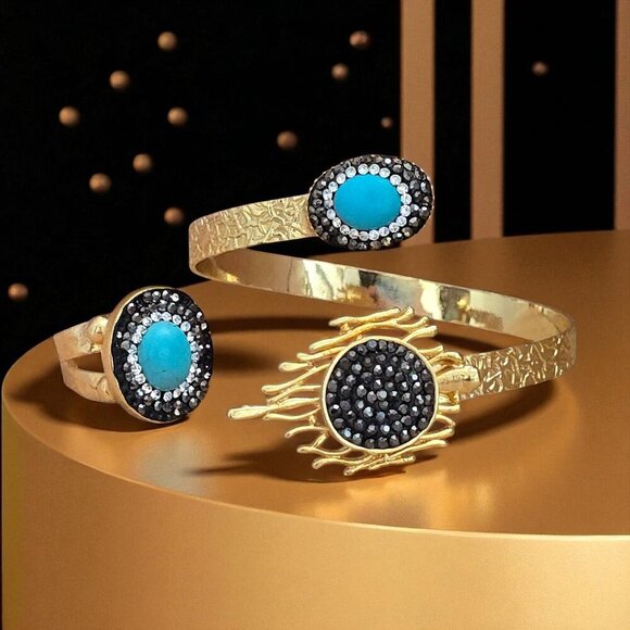 🆕️Turkish Handmade Adjustable 18K Gold Plated Turquoise Cuff Ring Exclusive Set - Picture 8 of 14